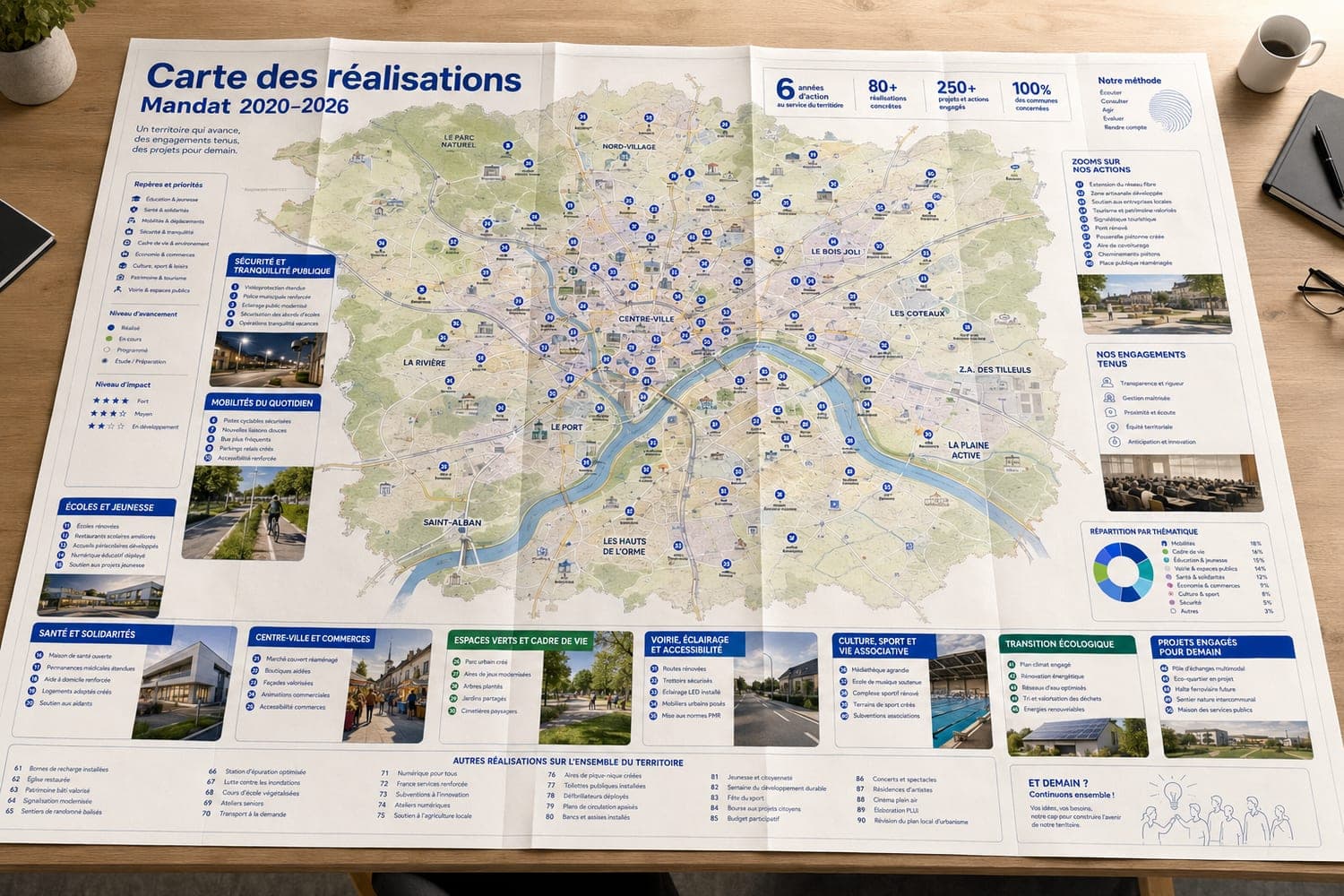 Carte des réalisations d'un mandat façon guide : chaque réalisation située et notée par territoire