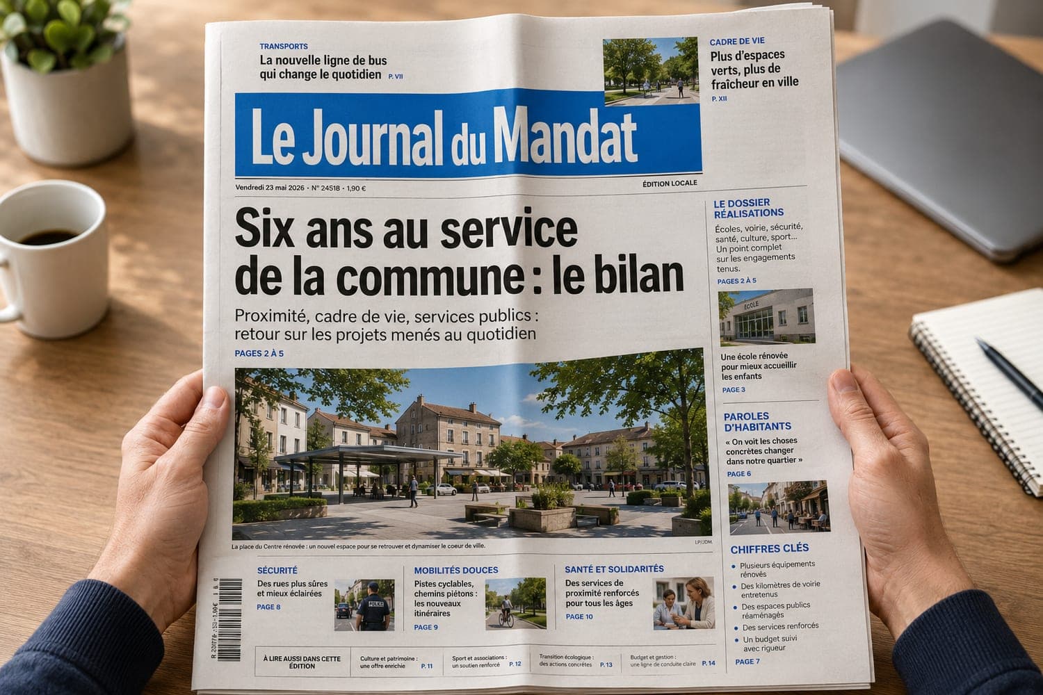 Journal de mandat imprimé, dans les codes d'un quotidien régional : une, édito et dossier réalisations