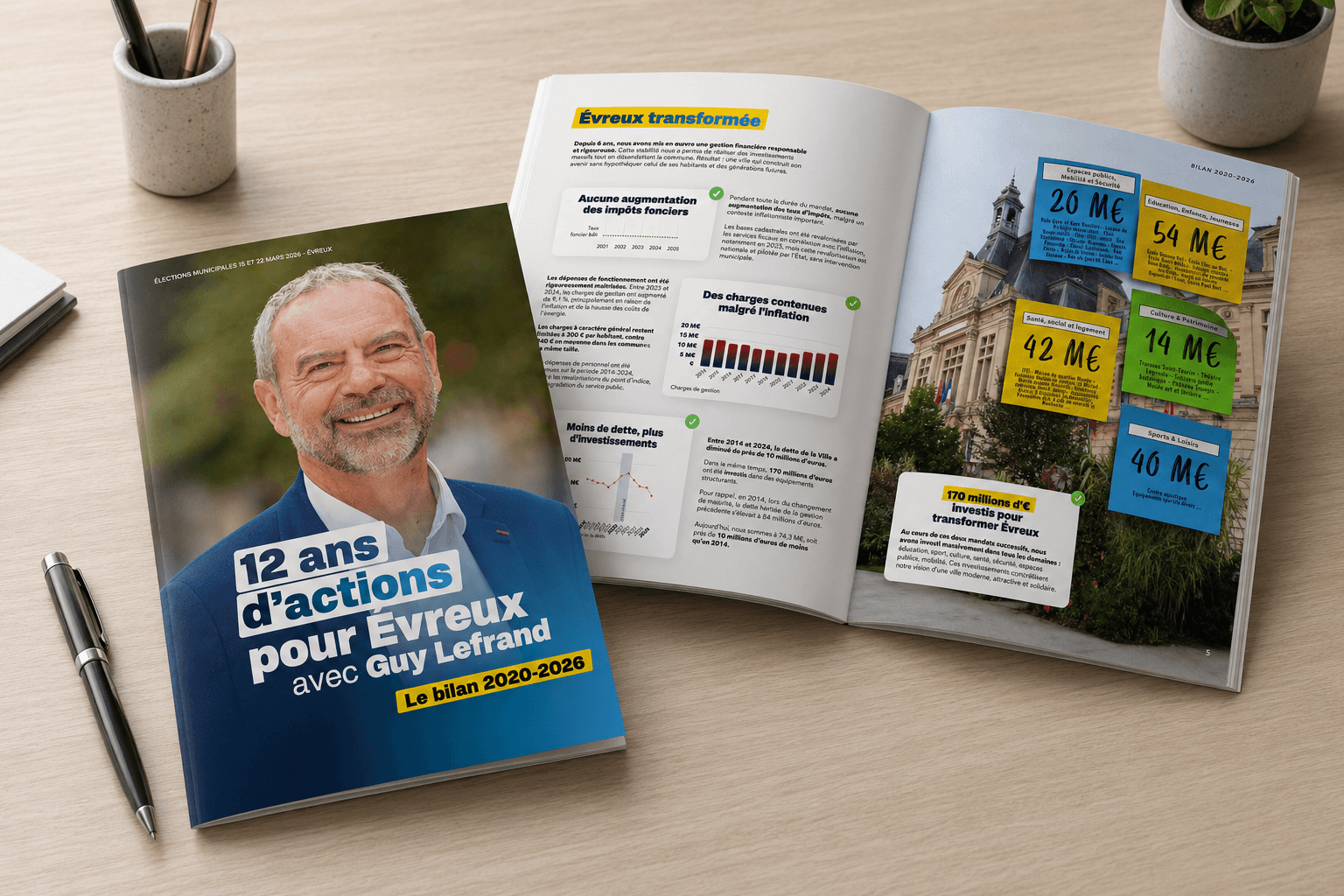 Brochure imprimée « 12 ans d'actions pour Évreux avec Guy Lefrand, le bilan 2020-2026 », ouverte sur une double page de chiffres clés.