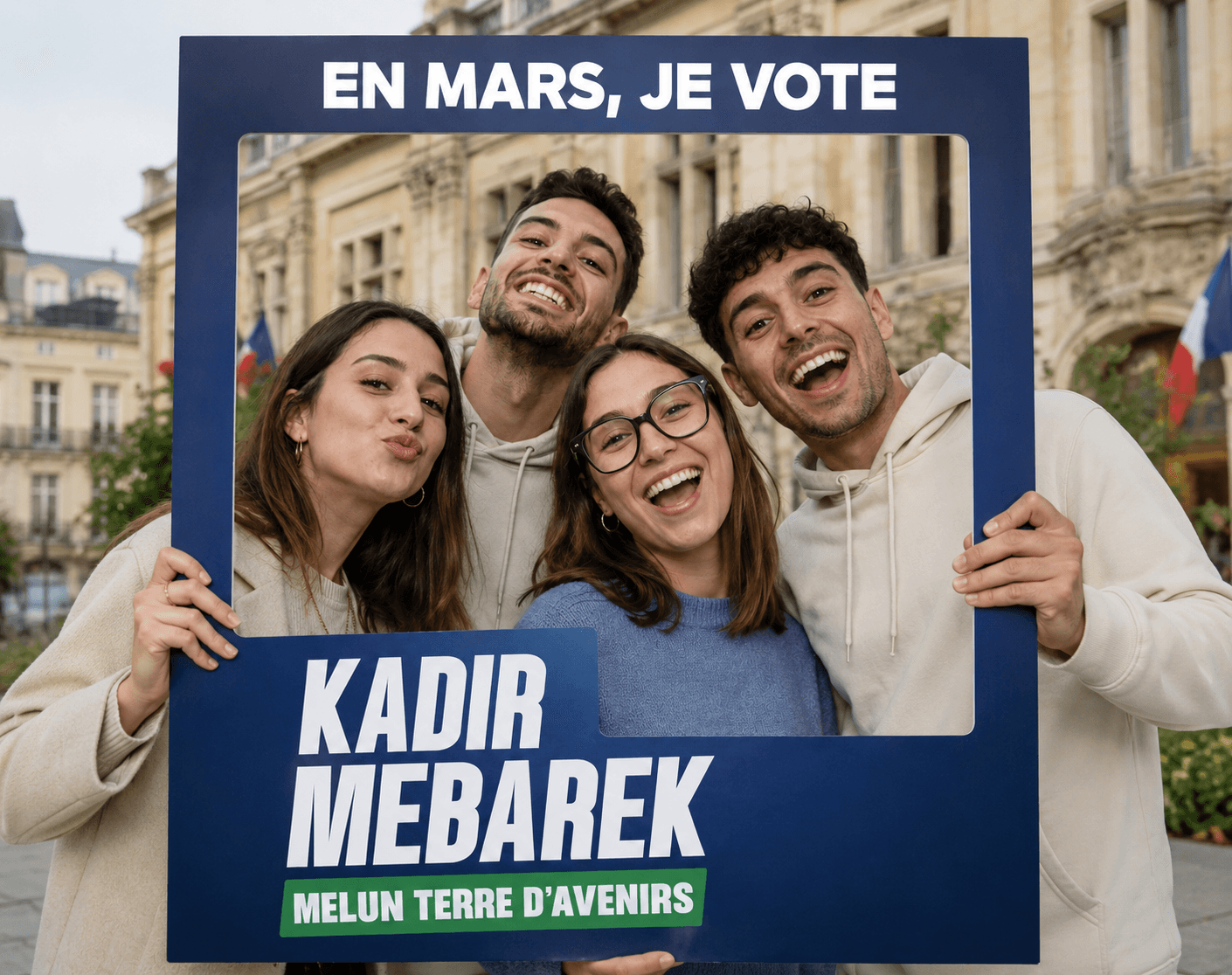 Cadre photo de campagne « EN MARS, JE VOTE, Kadir Mebarek, Melun Terre d'Avenirs » tenu en main par quatre personnes devant la mairie.