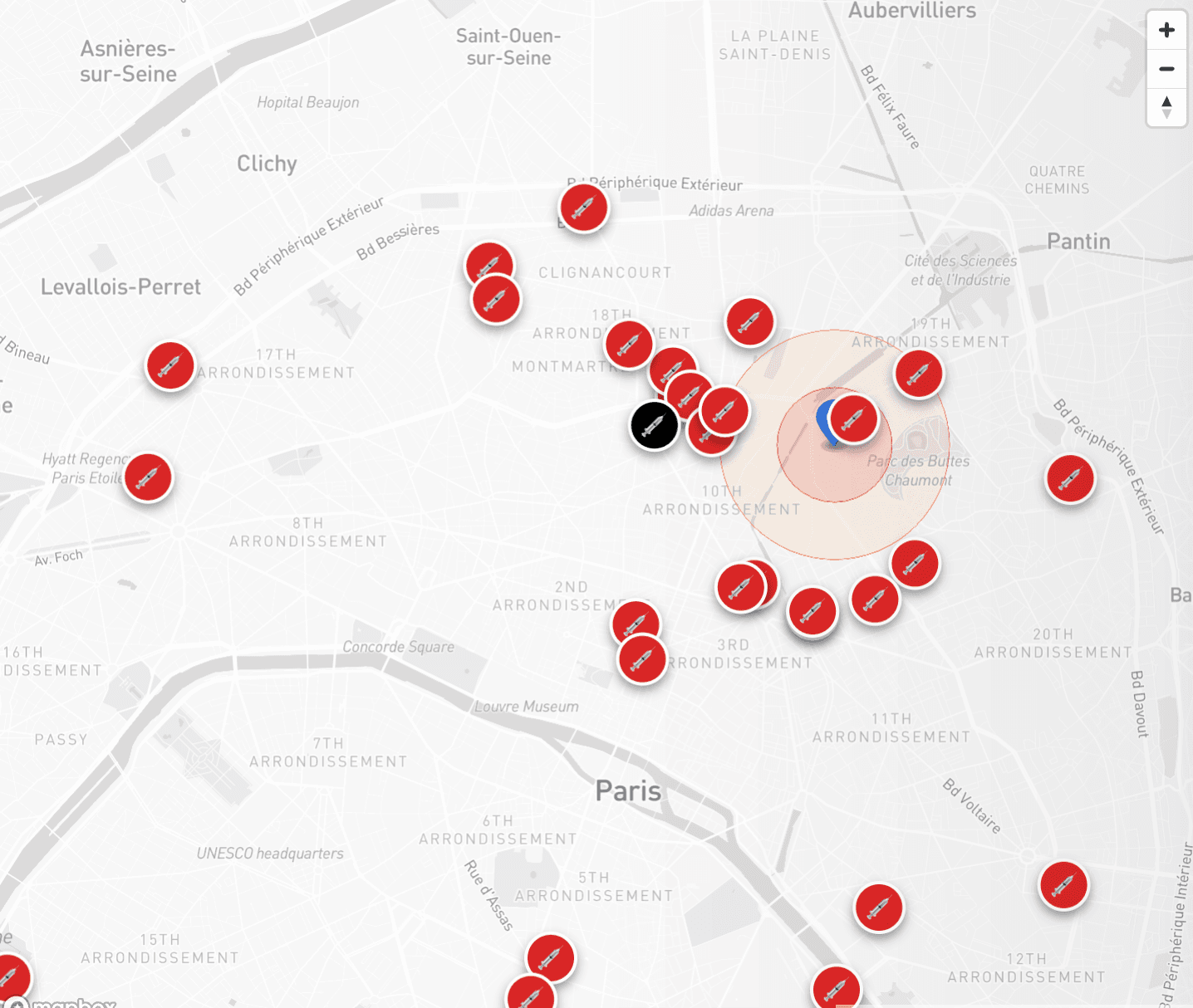 Carte de Paris affichant les salles et la distance à la plus proche depuis l'adresse saisie.