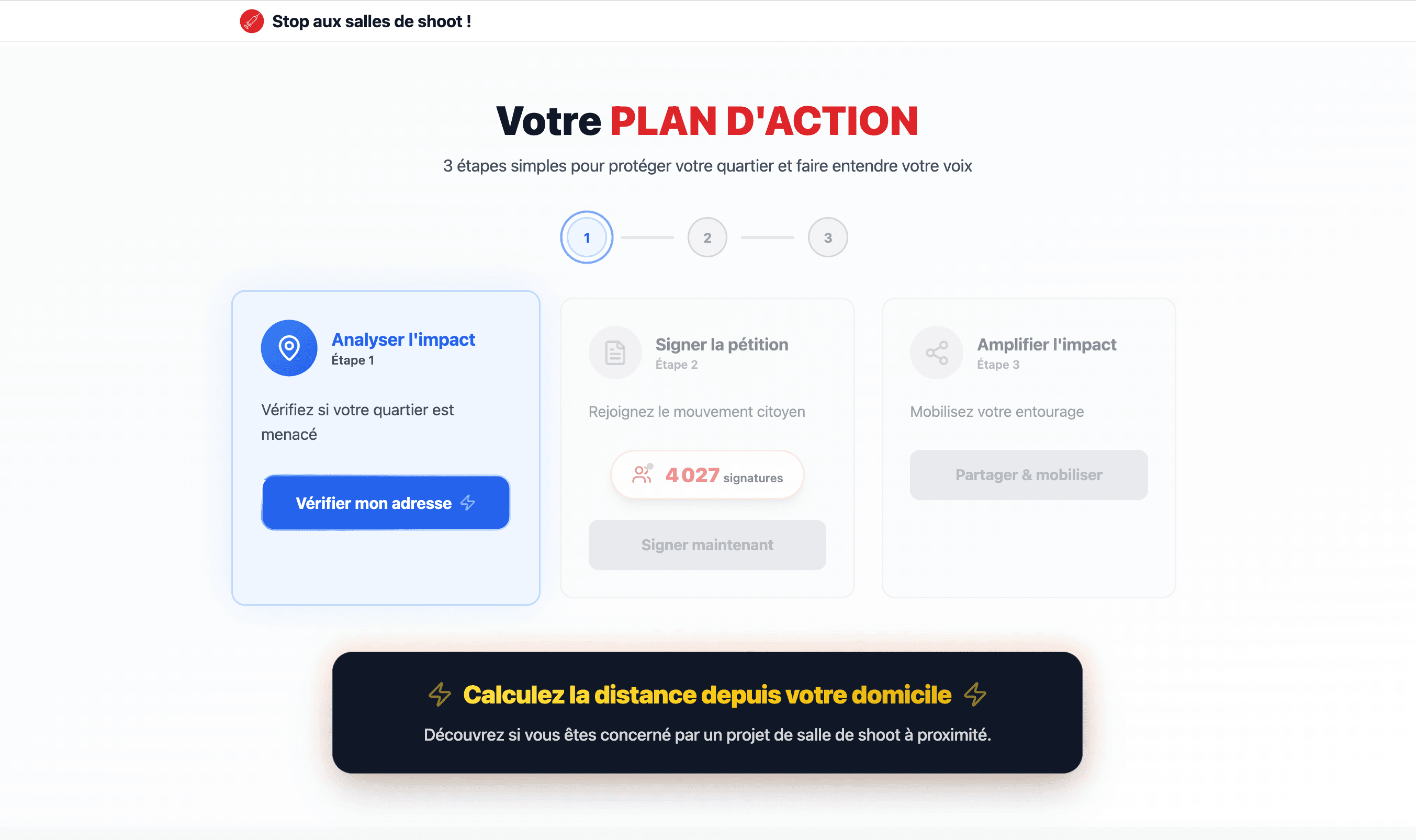 Écran « Votre plan d'action » avec trois étapes : analyser, signer, mobiliser.
