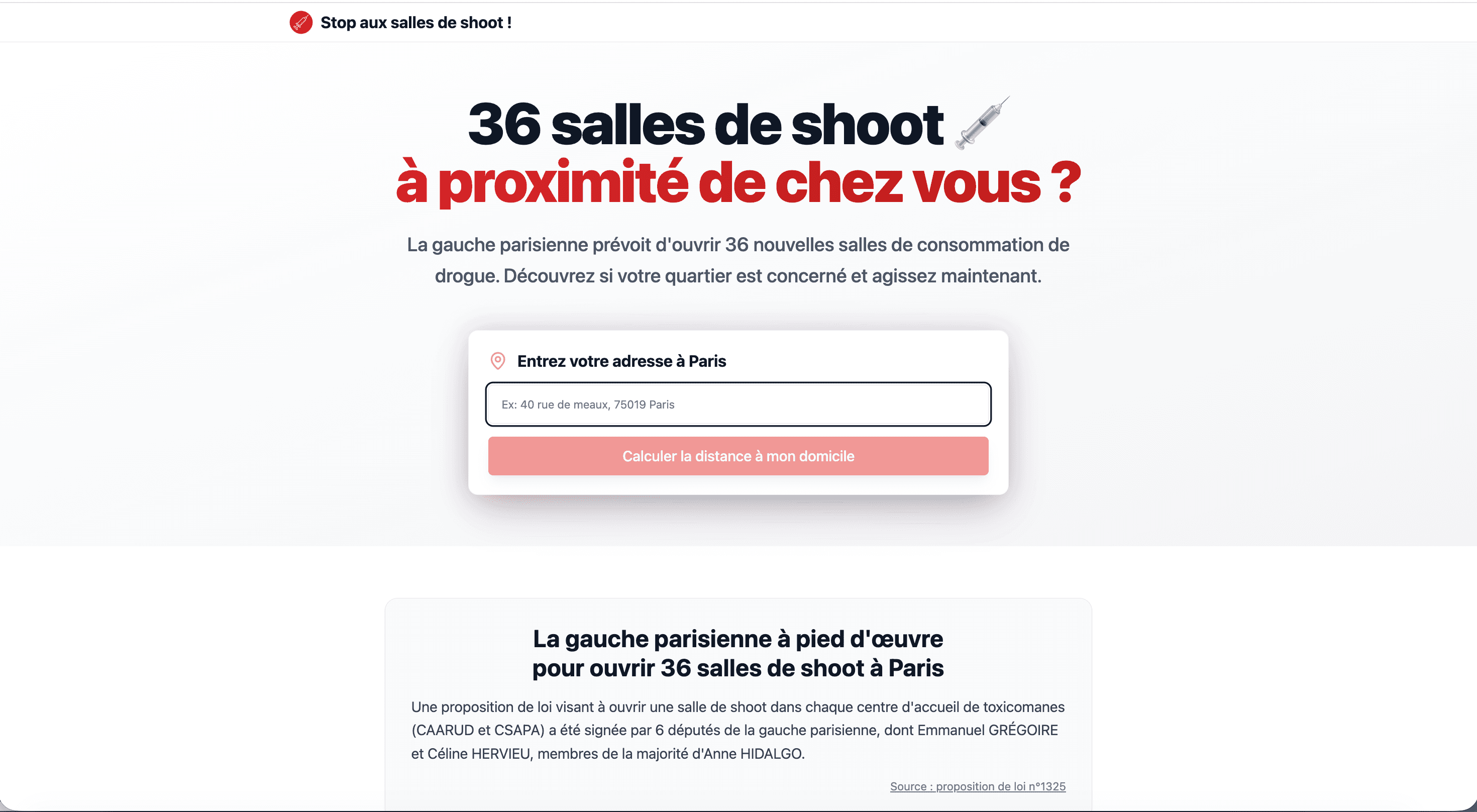 Page d'accueil de stopauxsallesdeshoot.fr : « 36 salles de shoot à proximité de chez vous ? » avec un champ de recherche d'adresse.