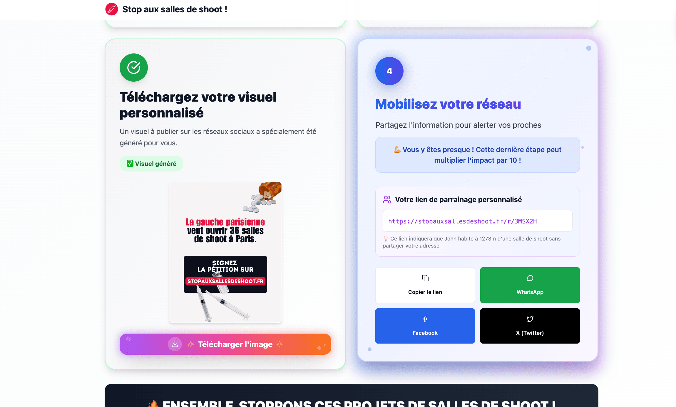 Écran de partage : visuel personnalisé à télécharger et lien de parrainage unique.