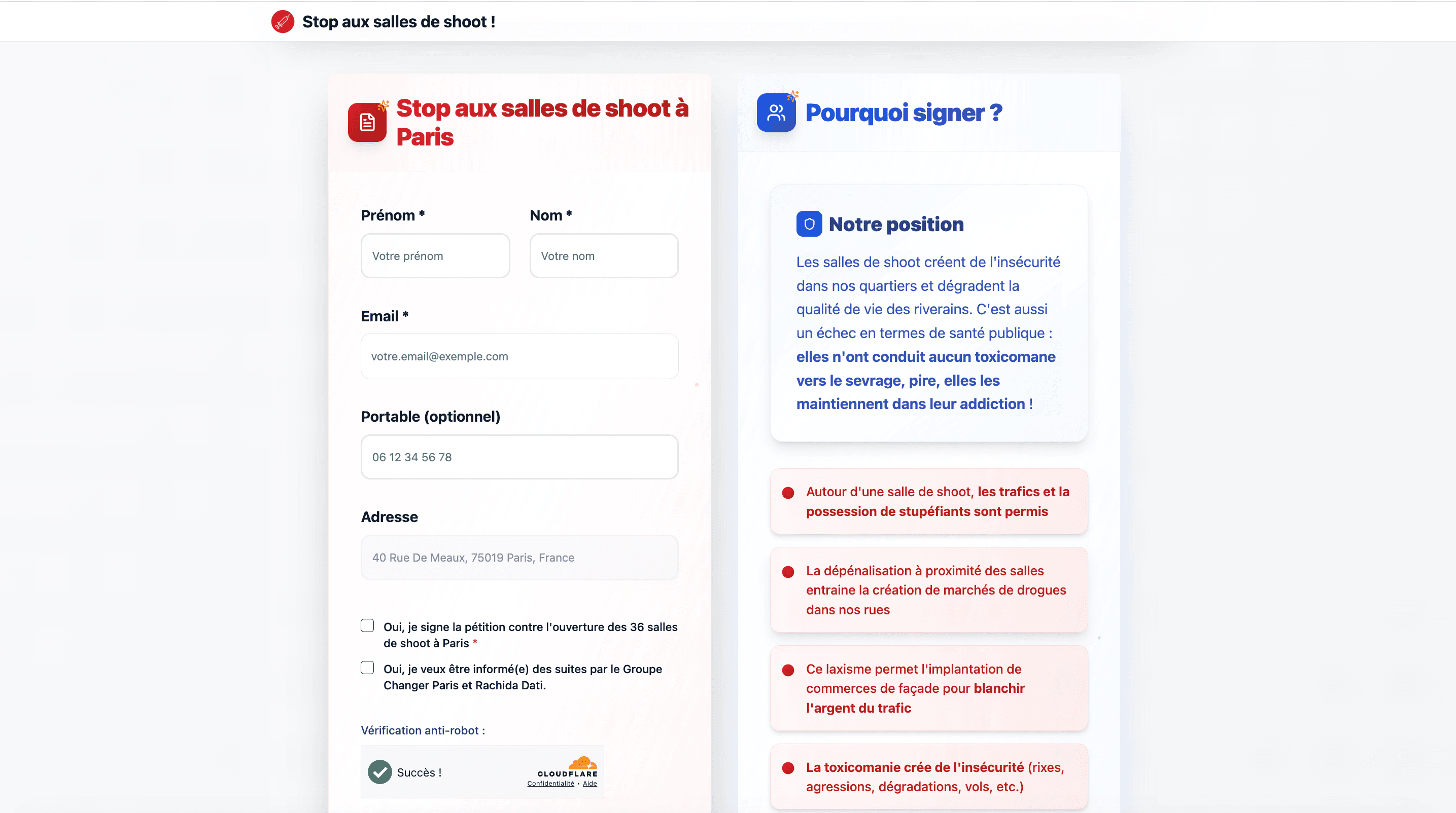 Formulaire de signature de la pétition avec champs de contact et cases de consentement.